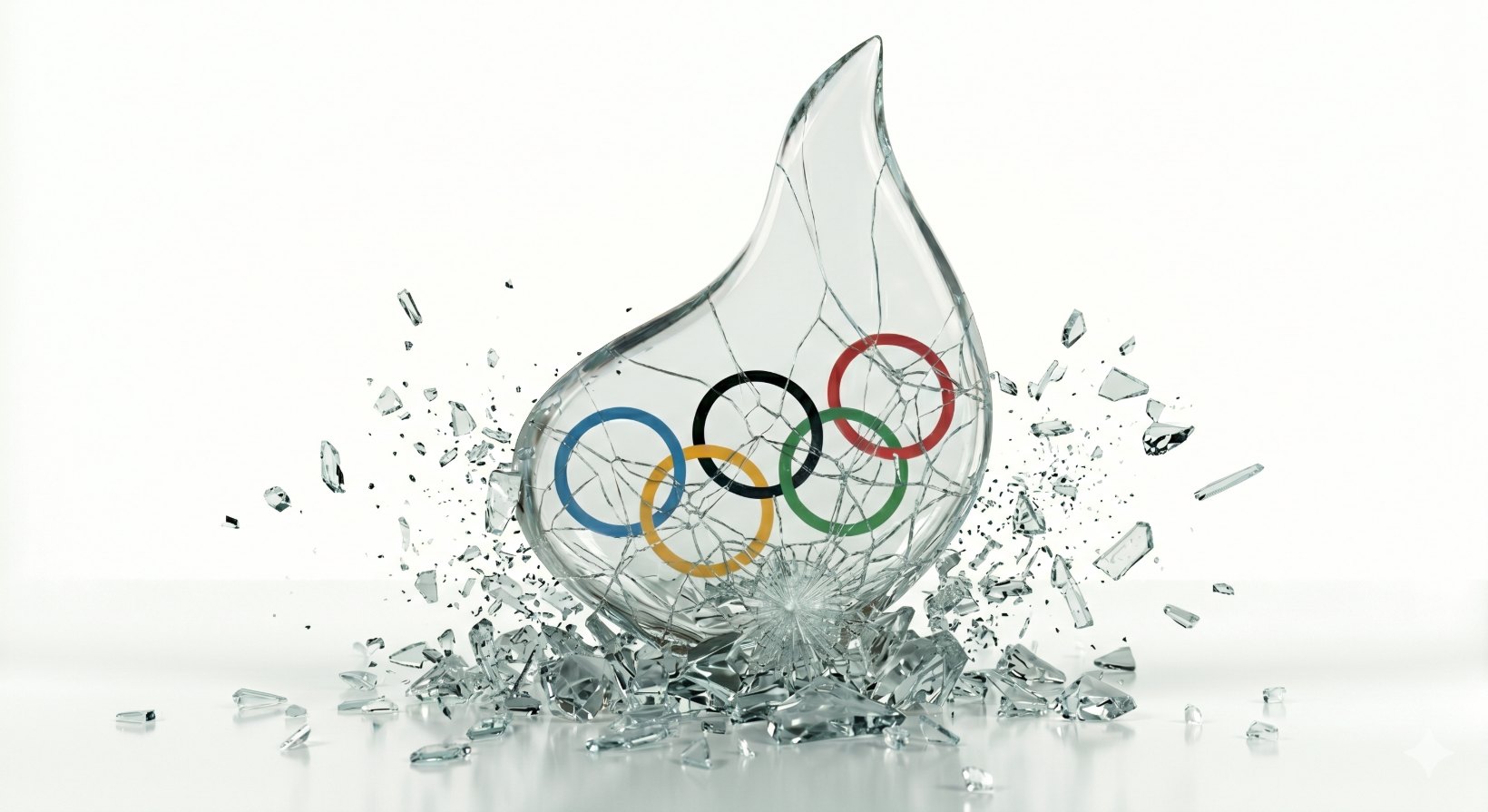 Shattered glass Olympic flame with the Olympic rings, symbolising a cracked Olympic dream